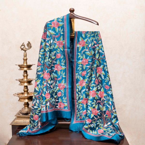 Handloom Handwoven Khadi Silk Kurta, Bottom Fabric & Hand Embroidered Kantha Silk Dupatta