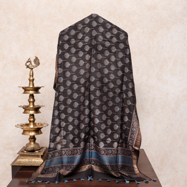 Hand Block Ajrakh Mangal Giri Cotton Silk Black Dupatta