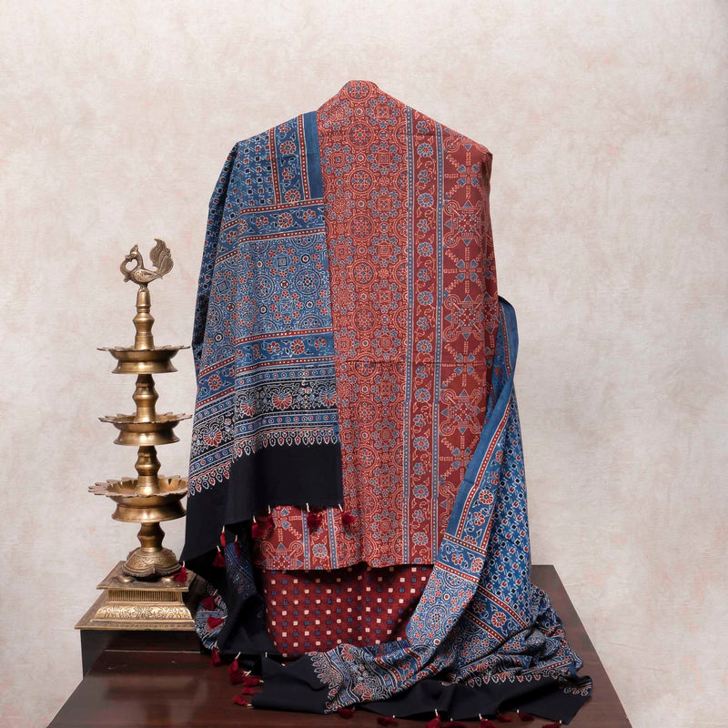 Rust Indigo Heritage Handblock Ajrakh Cotton Suit Set