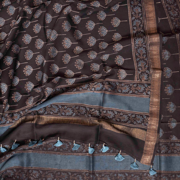 Hand Block Ajrakh Mangal Giri Cotton Silk Black Dupatta