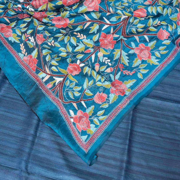 Handloom Handwoven Khadi Silk Kurta, Bottom Fabric & Hand Embroidered Kantha Silk Dupatta