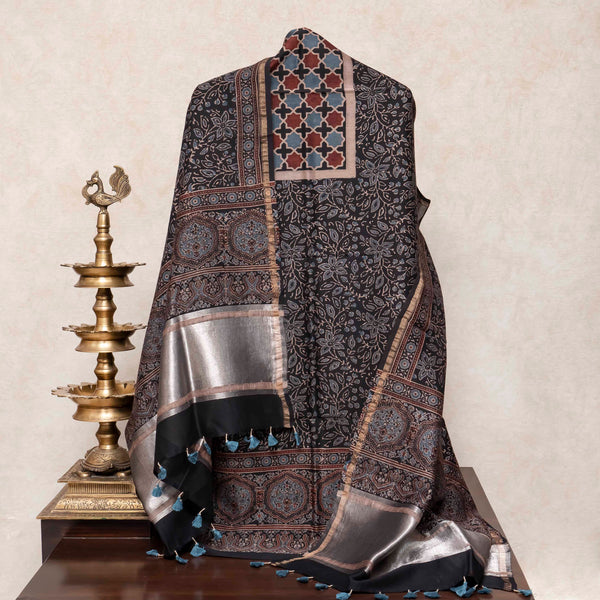 Hand Block Ajrakh Chandari Silk Kurta Fabric & Hand block Ajrakh Chandari Silk Dupatta