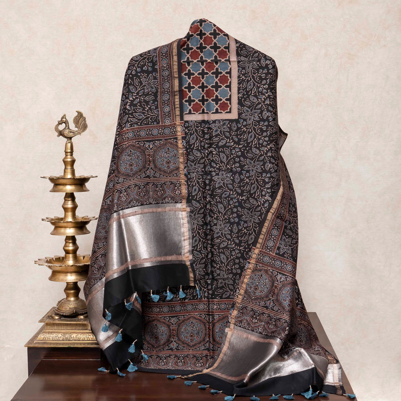 Hand Block Ajrakh Chandari Silk Kurta Fabric & Hand block Ajrakh Chandari Silk Dupatta