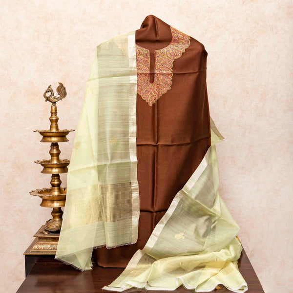 Chanderi Silk Kurta Fabric With Kashmiri Hand Embroidery & Handloom Chanderi Silk Dupatta