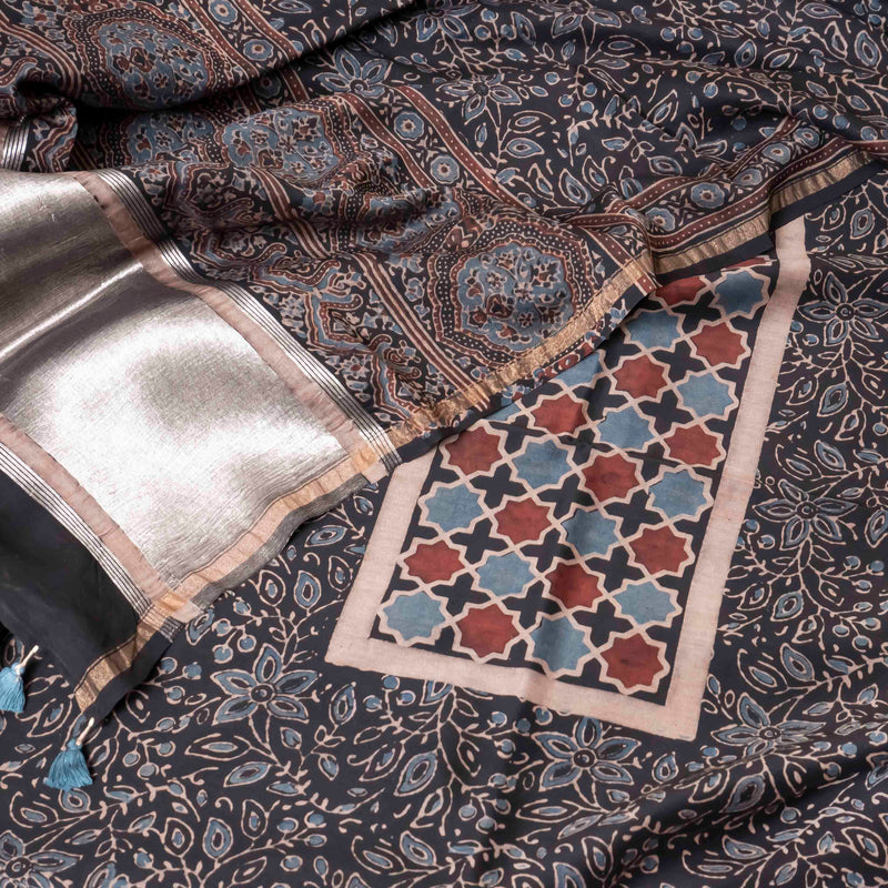 Hand Block Ajrakh Chandari Silk Kurta Fabric & Hand block Ajrakh Chandari Silk Dupatta