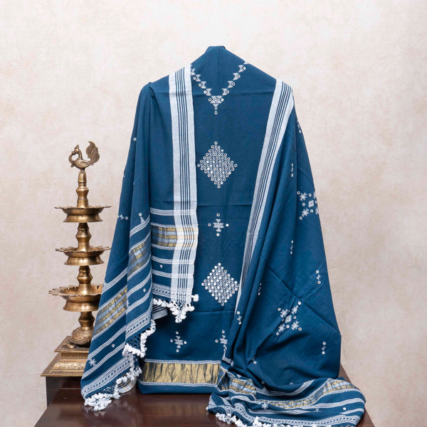 Elegant Indigo Handloom Kala Cotton Set with Mirror Work & Tassel Detailing