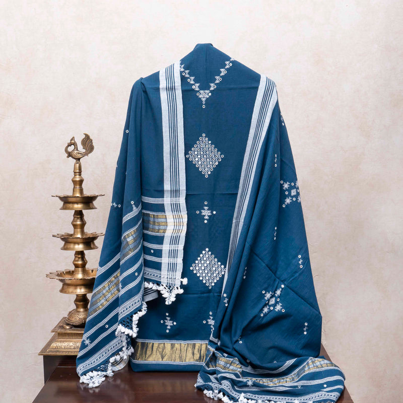 Elegant Indigo Handloom Kala Cotton Set with Mirror Work & Tassel Detailing