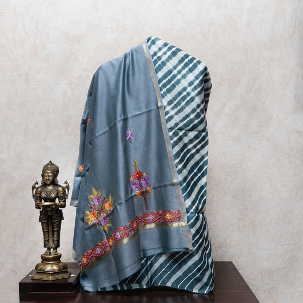 Pure Chanderi Shibori Kurta Fabric With Kashmiri Embroidery Chanderi Silk Dupatta