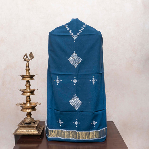 Elegant Indigo Handloom Kala Cotton Set with Mirror Work & Tassel Detailing