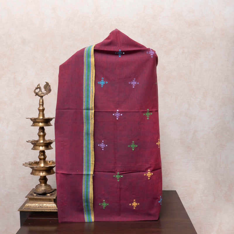 Rust Maroon & Indigo Handloom Kala Cotton Suit Set with Multicolour Mirror Embroidery