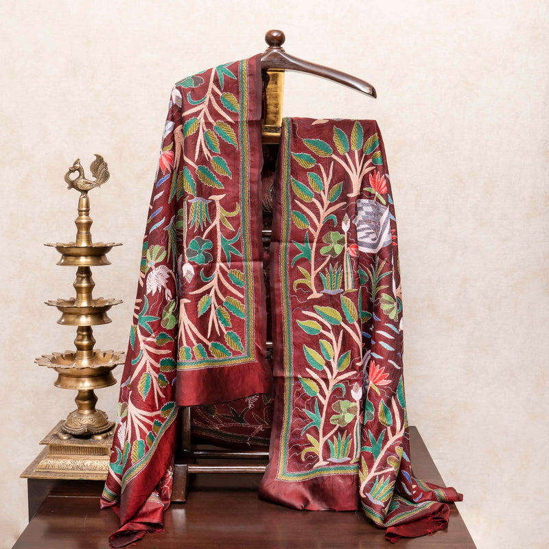 Handloom Khadi Silk Suit With Pure Silk Hand Embroidered Kantha Dupatta