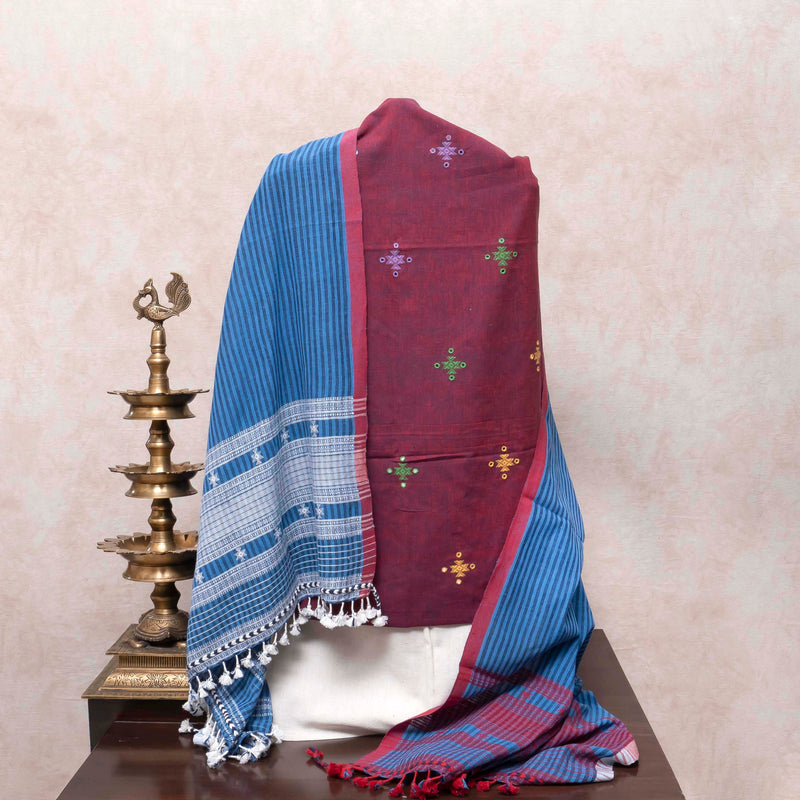 Rust Maroon & Indigo Handloom Kala Cotton Suit Set with Multicolour Mirror Embroidery