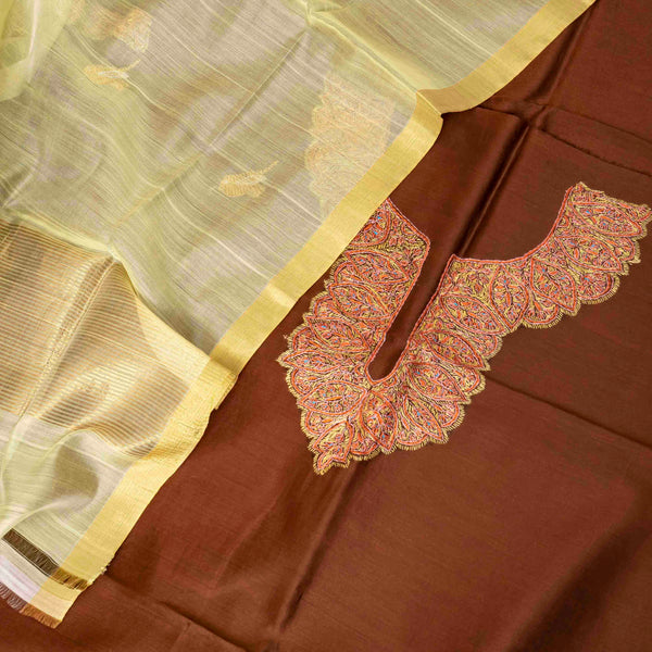 Chanderi Silk Kurta Fabric With Kashmiri Hand Embroidery & Handloom Chanderi Silk Dupatta