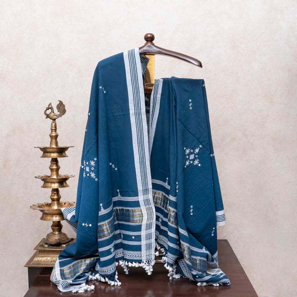 Elegant Indigo Handloom Kala Cotton Set with Mirror Work & Tassel Detailing