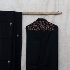 Black Kashmiri Sozni Hand Embroidered Woollen Kurta & Bottom Fabric With Sozni Embroidery Wollen Stole