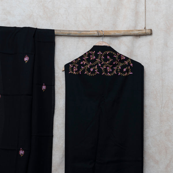 Black Kashmiri Sozni Hand Embroidered Woollen Kurta & Bottom Fabric With Sozni Embroidery Wollen Stole