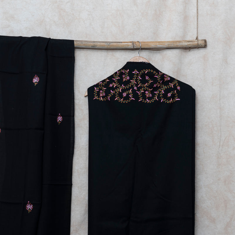 Black Kashmiri Sozni Hand Embroidered Woollen Kurta & Bottom Fabric With Sozni Embroidery Wollen Stole