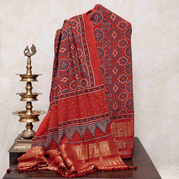 Handloom Kala Cotton Ajrakh Kurta Fabric Approx & Handloom Kala Cotton Ajrakh Dupatta