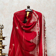 Red Handwoven Woollen Shawl With Mirror Handwork