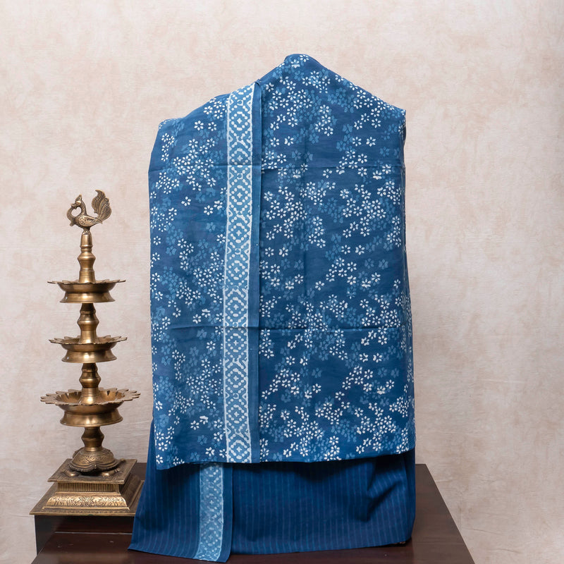 Indigo Bloom Handblock Cotton Suit with Kota Doria Dupatta