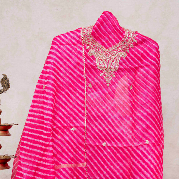 Hand Tie - Dye Kota Silk Kurta Fabric With Zari Hand Embroidery & Zari Hand Embroidery Dupatta