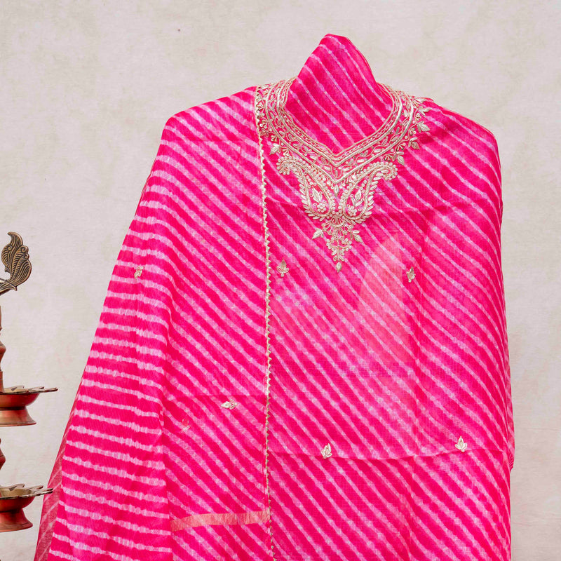 Hand Tie - Dye Kota Silk Kurta Fabric With Zari Hand Embroidery & Zari Hand Embroidery Dupatta
