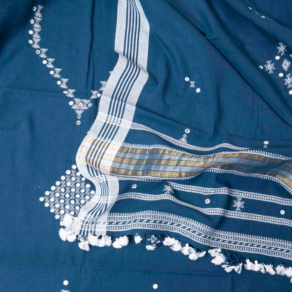 Elegant Indigo Handloom Kala Cotton Set with Mirror Work & Tassel Detailing