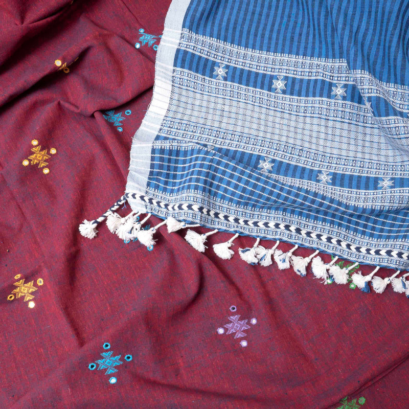 Rust Maroon & Indigo Handloom Kala Cotton Suit Set with Multicolour Mirror Embroidery
