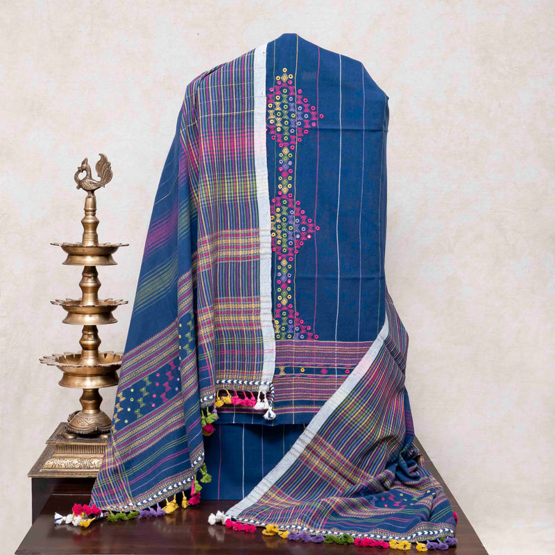 Handloom Kala Cotton Kurta Fabric With Mirror Work, Handloom Kala Cotton Bottom & Handloom Kala Cotton Designer Dupatta