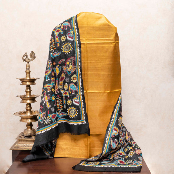 Handloom Silk Kurta, Bottom Fabric & Pure Silk Dupatta With Kantha Hand Embroidery