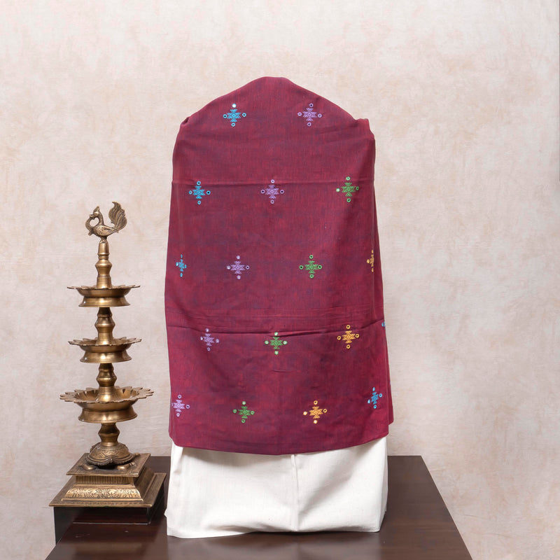 Rust Maroon & Indigo Handloom Kala Cotton Suit Set with Multicolour Mirror Embroidery