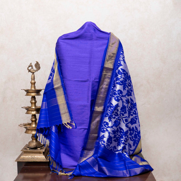 Royal Blue Raw Silk Kurta Set with Handloom Pochampally Ikat Mulberry Silk Dupatta