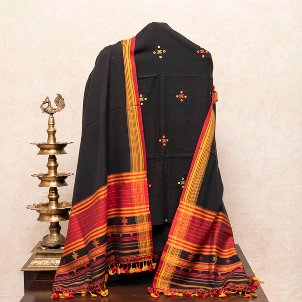 Handloom Kala Cotton Kurta Fabric With Mirror Work, Handloom Kala Cotton Bottom & Handloom Cotton Dupatta