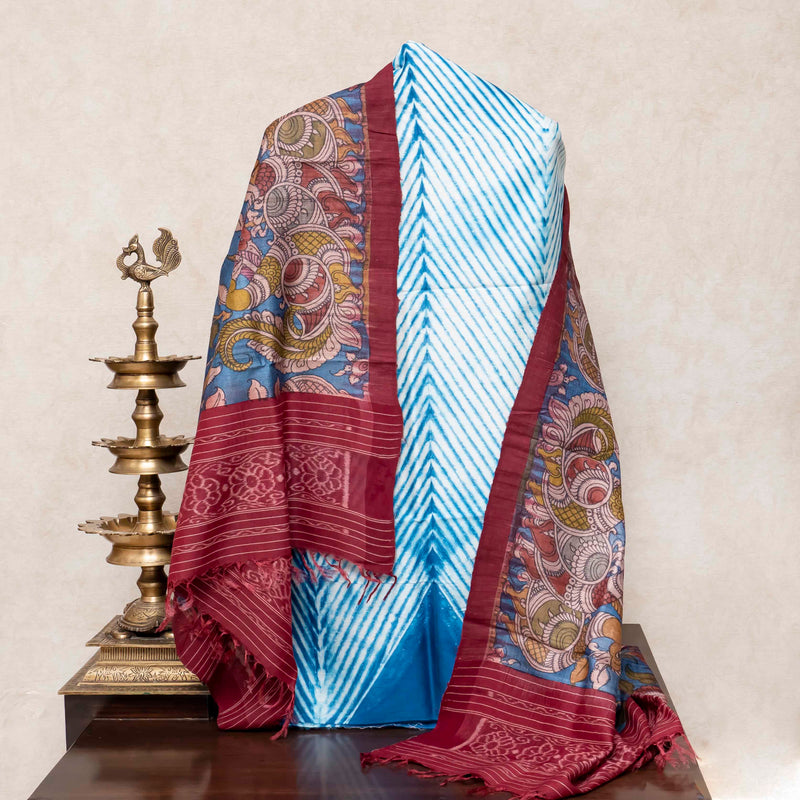 Hand Tie - Dye Chanderi Silk Kurta Fabric & Handloom Tussar Silk Hand Painted Kalam Kari Dupatta