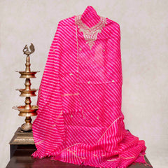 Hand Tie - Dye Kota Silk Kurta Fabric With Zari Hand Embroidery & Zari Hand Embroidery Dupatta