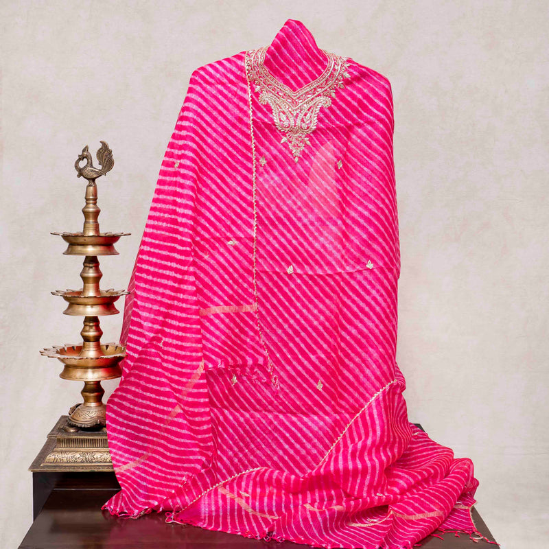 Hand Tie - Dye Kota Silk Kurta Fabric With Zari Hand Embroidery & Zari Hand Embroidery Dupatta