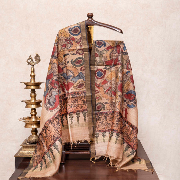 Hand Painted Pen Kalamkari Tussar Silk Dupatta