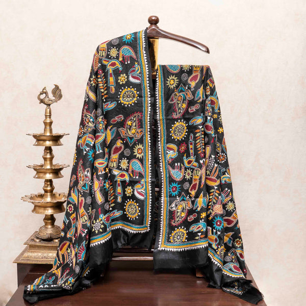 Handloom Silk Kurta, Bottom Fabric & Pure Silk Dupatta With Kantha Hand Embroidery