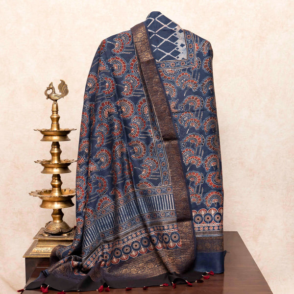 Hand Block Chanderi Ajrakh Kurta Fabric & Hand Block Chanderi Ajrakh Dupatta