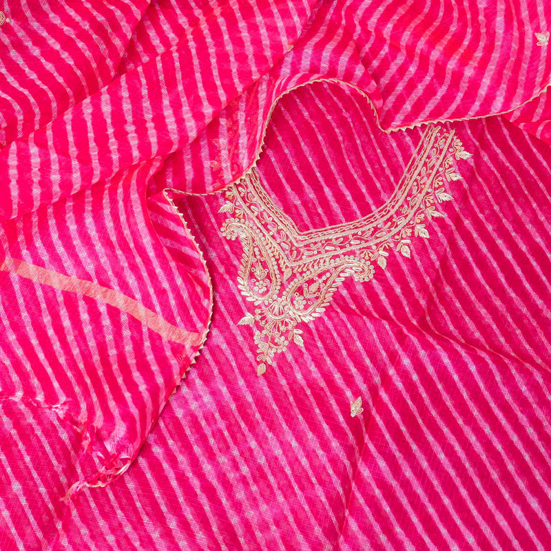 Hand Tie - Dye Kota Silk Kurta Fabric With Zari Hand Embroidery & Zari Hand Embroidery Dupatta