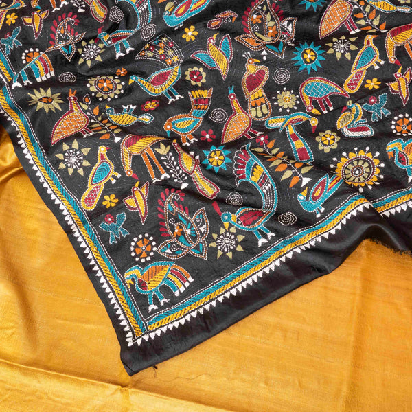 Handloom Silk Kurta, Bottom Fabric & Pure Silk Dupatta With Kantha Hand Embroidery