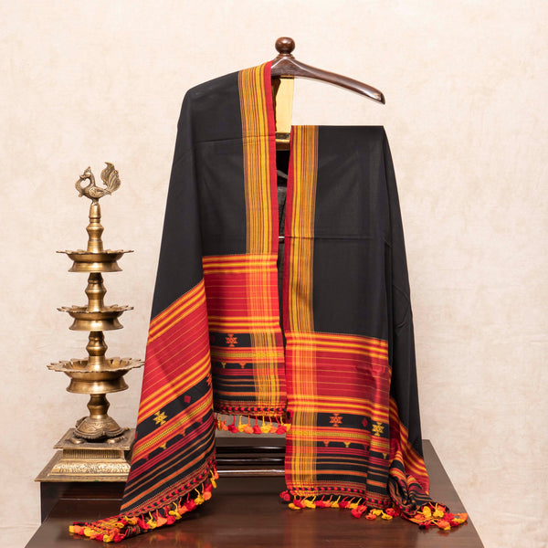 Handloom Kala Cotton Kurta Fabric With Mirror Work, Handloom Kala Cotton Bottom & Handloom Cotton Dupatta