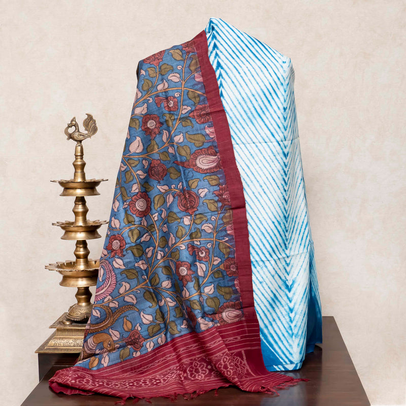 Hand Tie - Dye Chanderi Silk Kurta Fabric & Handloom Tussar Silk Hand Painted Kalam Kari Dupatta