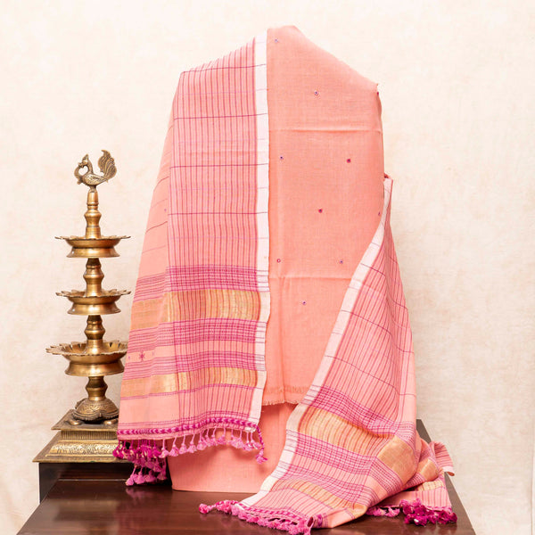 Handloom Kala Cotton Kurta Fabric With Mirror Work, Bottom Fabric & Handloom Kala Cotton Dupatta