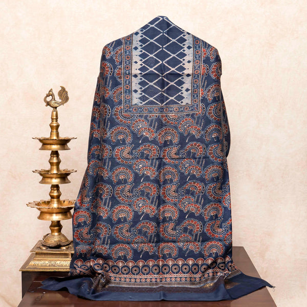 Hand Block Chanderi Ajrakh Kurta Fabric & Hand Block Chanderi Ajrakh Dupatta