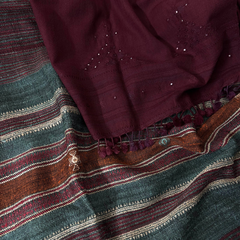 Handweaved Woollen Tussar Kurta With Kutchi Weave & Handwoven Woollen Stole With Mirror Handwork