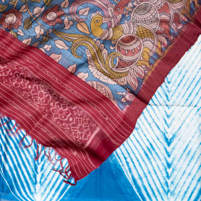 Hand Tie - Dye Chanderi Silk Kurta Fabric & Handloom Tussar Silk Hand Painted Kalam Kari Dupatta