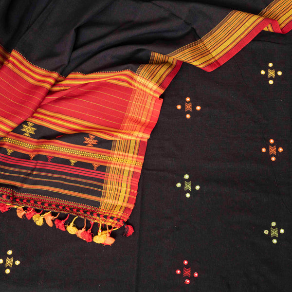 Handloom Kala Cotton Kurta Fabric With Mirror Work, Handloom Kala Cotton Bottom & Handloom Cotton Dupatta