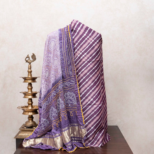 Royal Lilac Shibori Chanderi Kurta Set with Gajji Silk Bandhej Dupatta