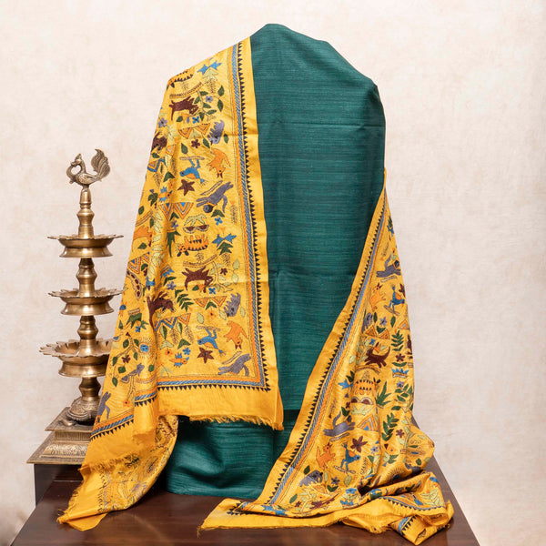 Handloom Khadi Silk Kurta, Bottom Fabric & Pure Silk Dupatta With Kantha Hand Embroidery